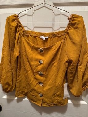 Square-Neck Button Front Blouse in Mustard